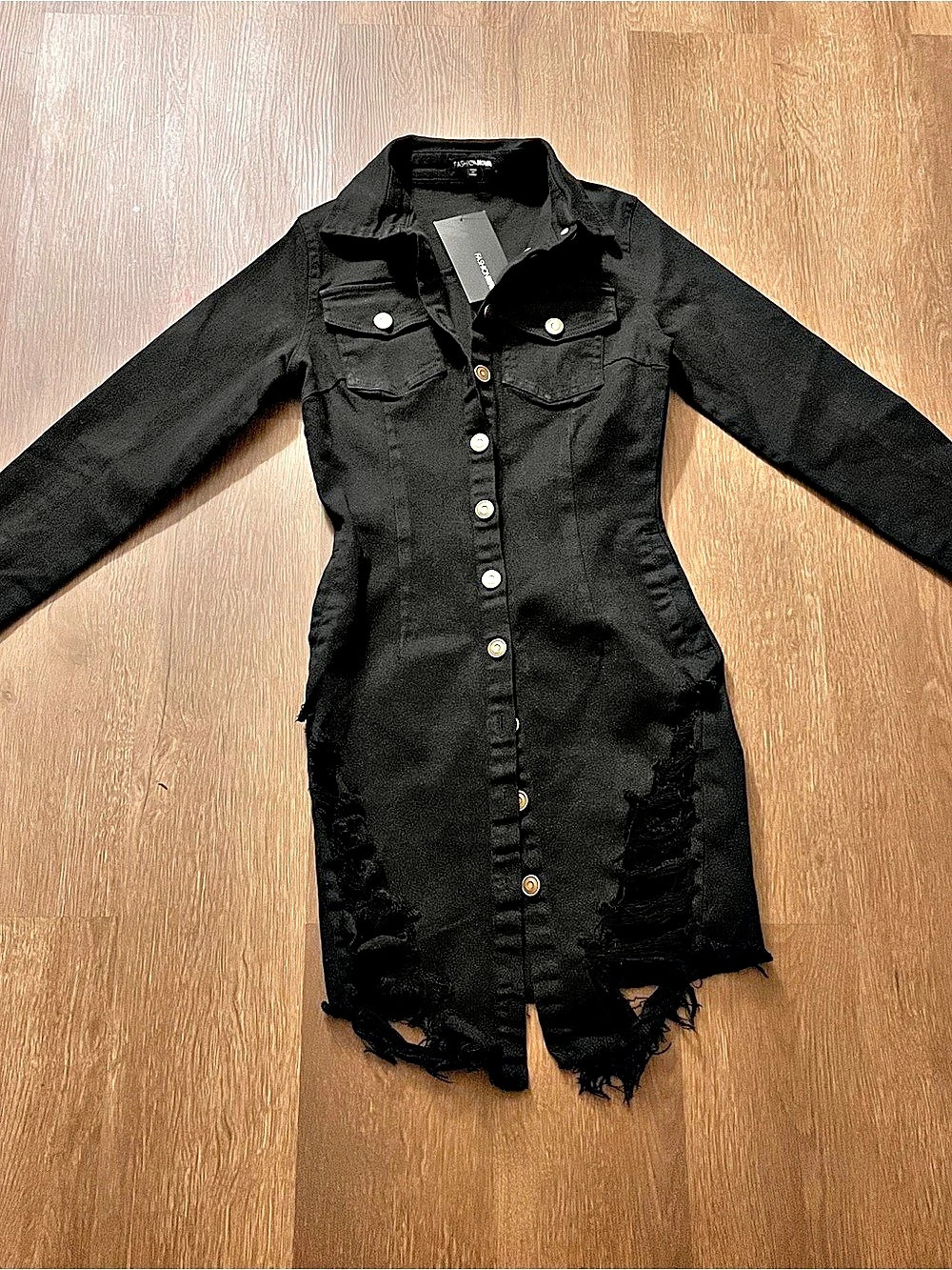 Fashion Nova Distressed Belleville Denim Dress | Ripped Hem | Long Sleeve (S)